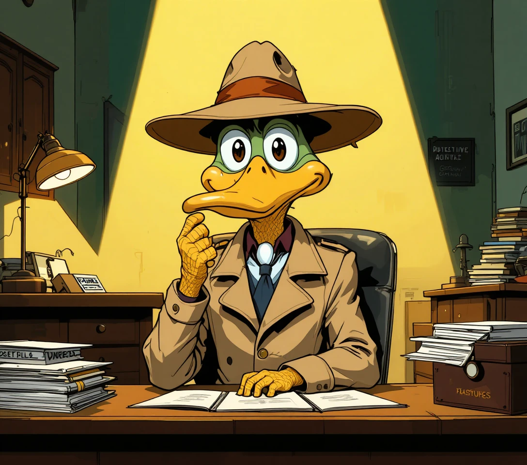 A cartoon duck detective ponders at his desk under a lamp