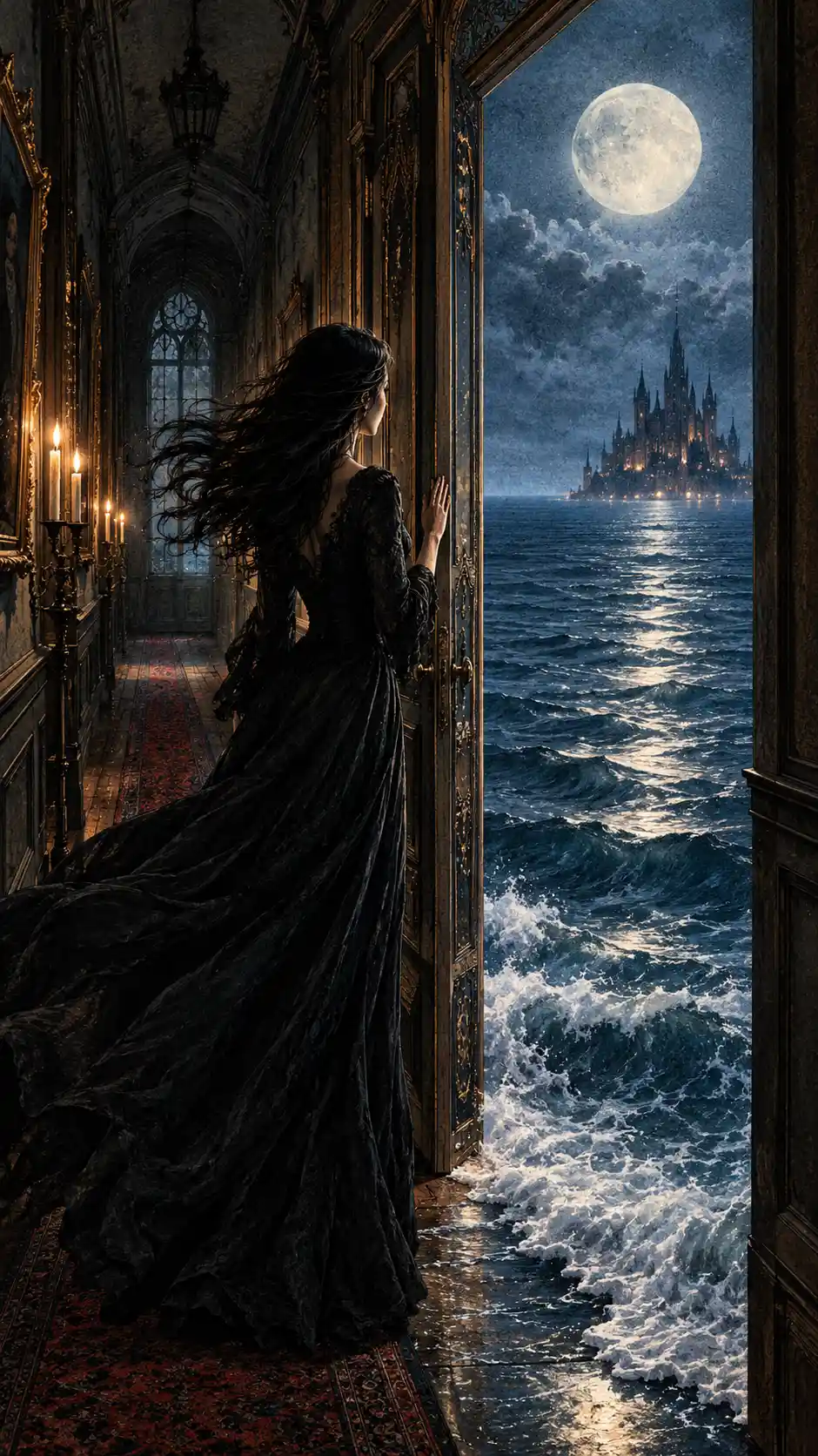 Une femme contemple l'océan au clair de lune au-delà d'une porte dans un couloir victorien
