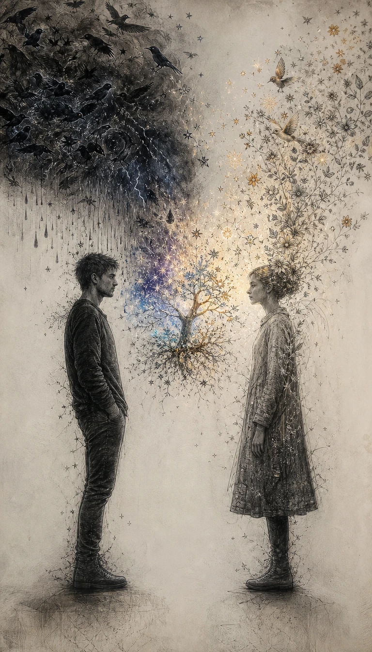 Two Figures Face Each Other Beneath Colliding Storms and Sunlight