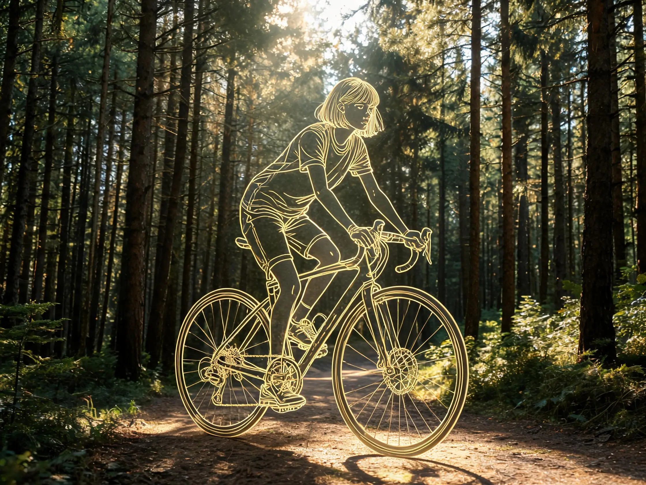 A girl rides along a forest path beneath sunlit evergreen trees