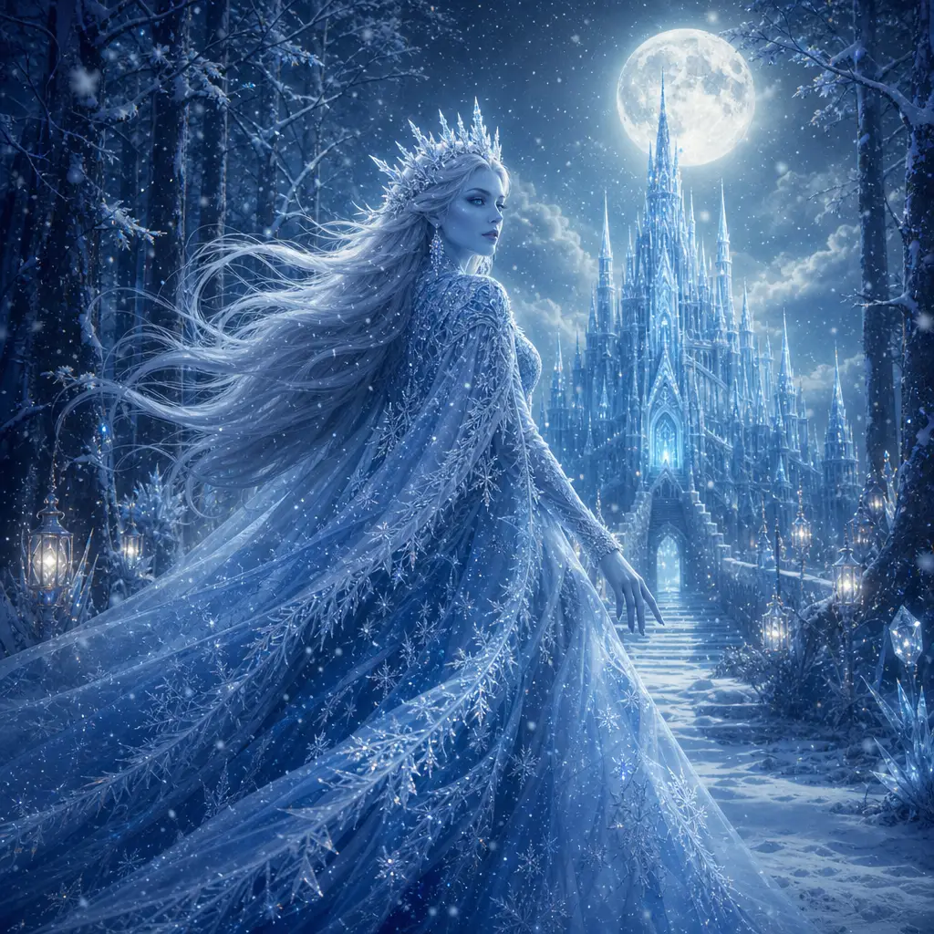 A snow queen with silver hair glides through a moonlit forest