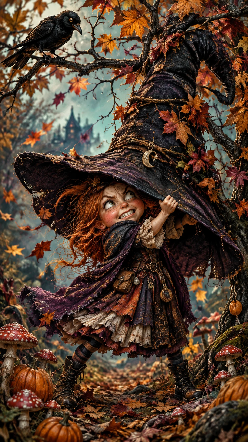 A Tiny Woodland Witch Wrestles Her Enormous Crooked Hat Among Autumn Branches