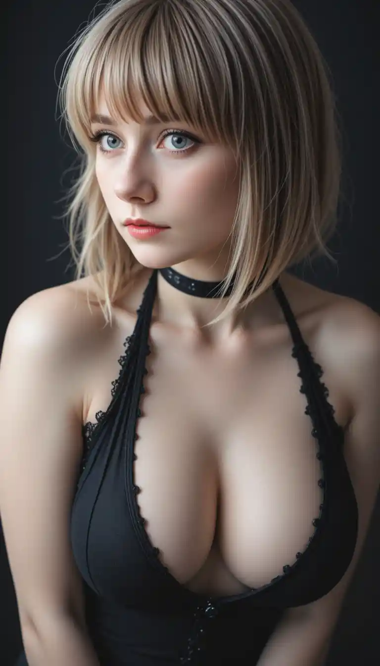 A Goth Girl Leans Forward In A Halter Top Against A Black Background