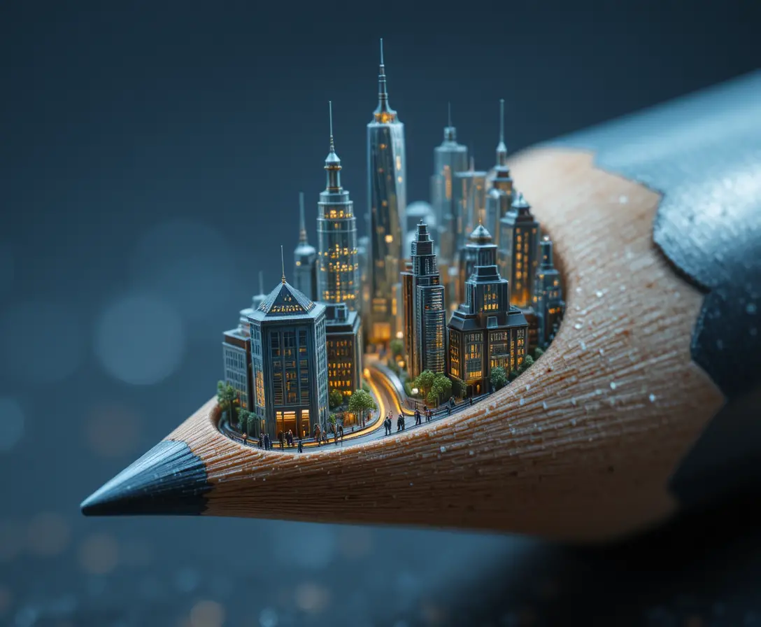 A miniature city unfolds inside the sharpened tip of a pencil