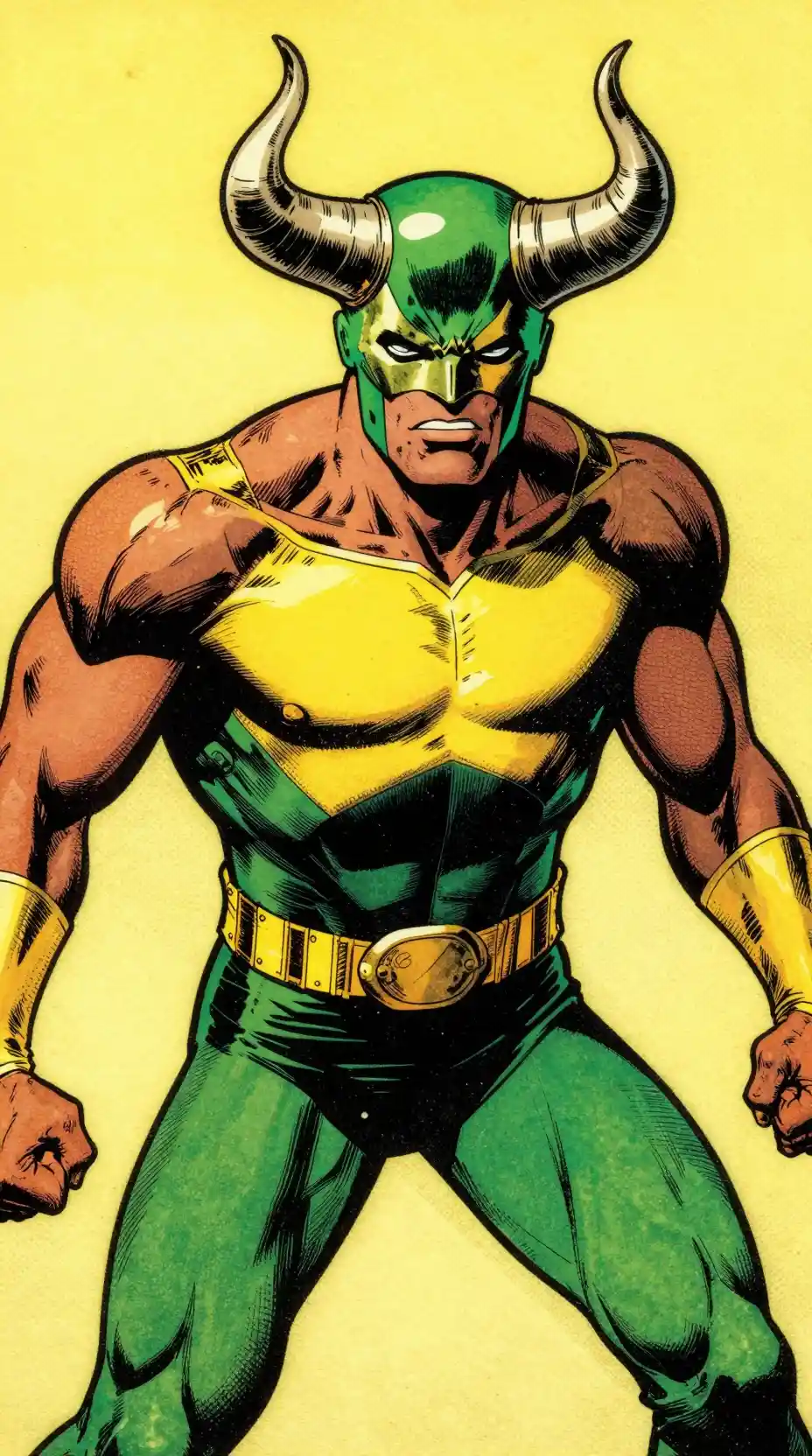 A masked superhero with curled horns on a vintage comic cover