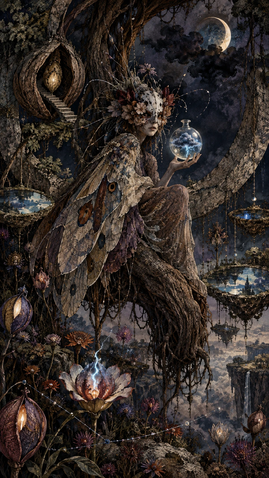 A masked guardian sits beneath an inverted tree in a floating stone arch