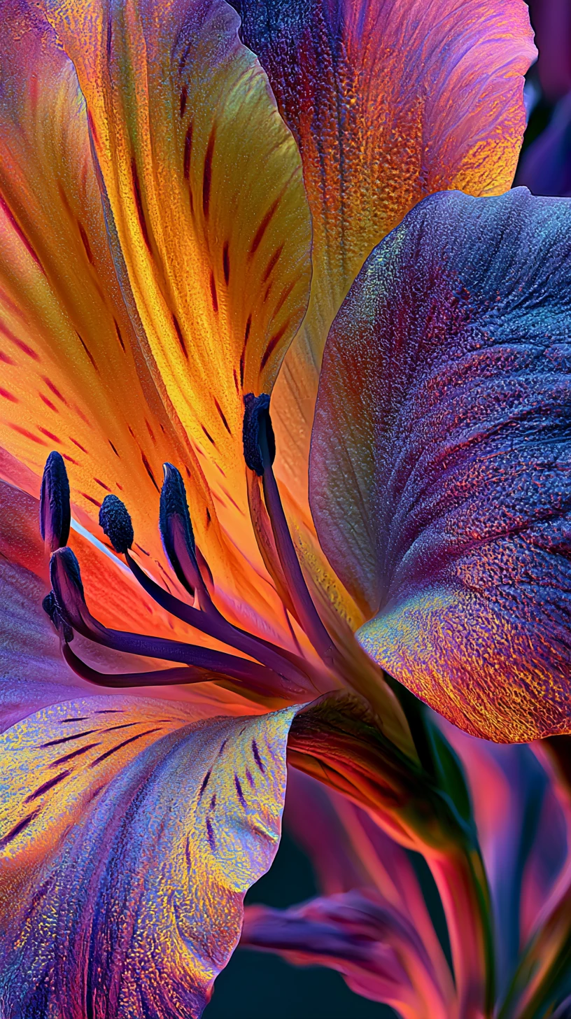 A psychedelic view inside flower petals and stems