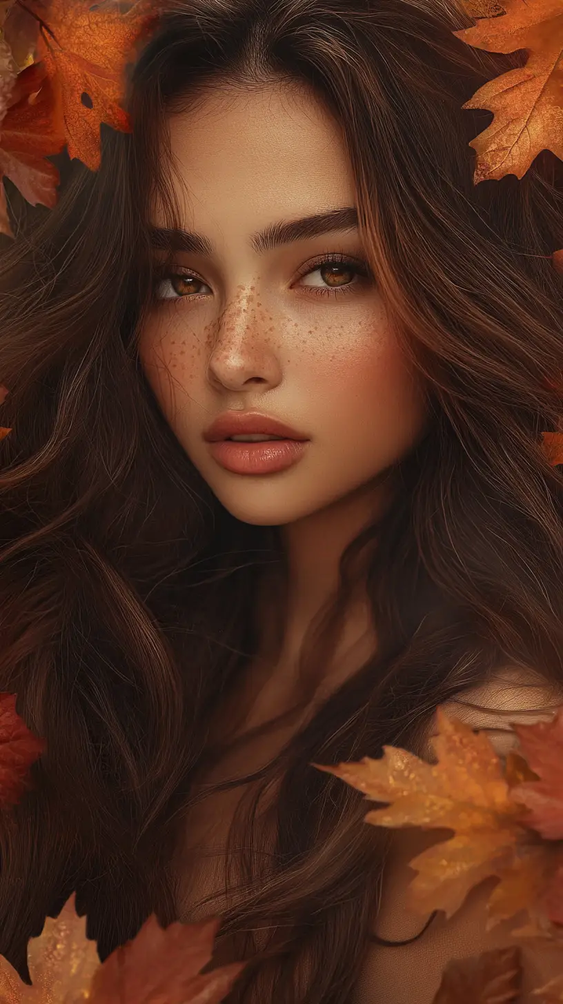 Young woman adorned with autumn leaves in flowing sheer fabric