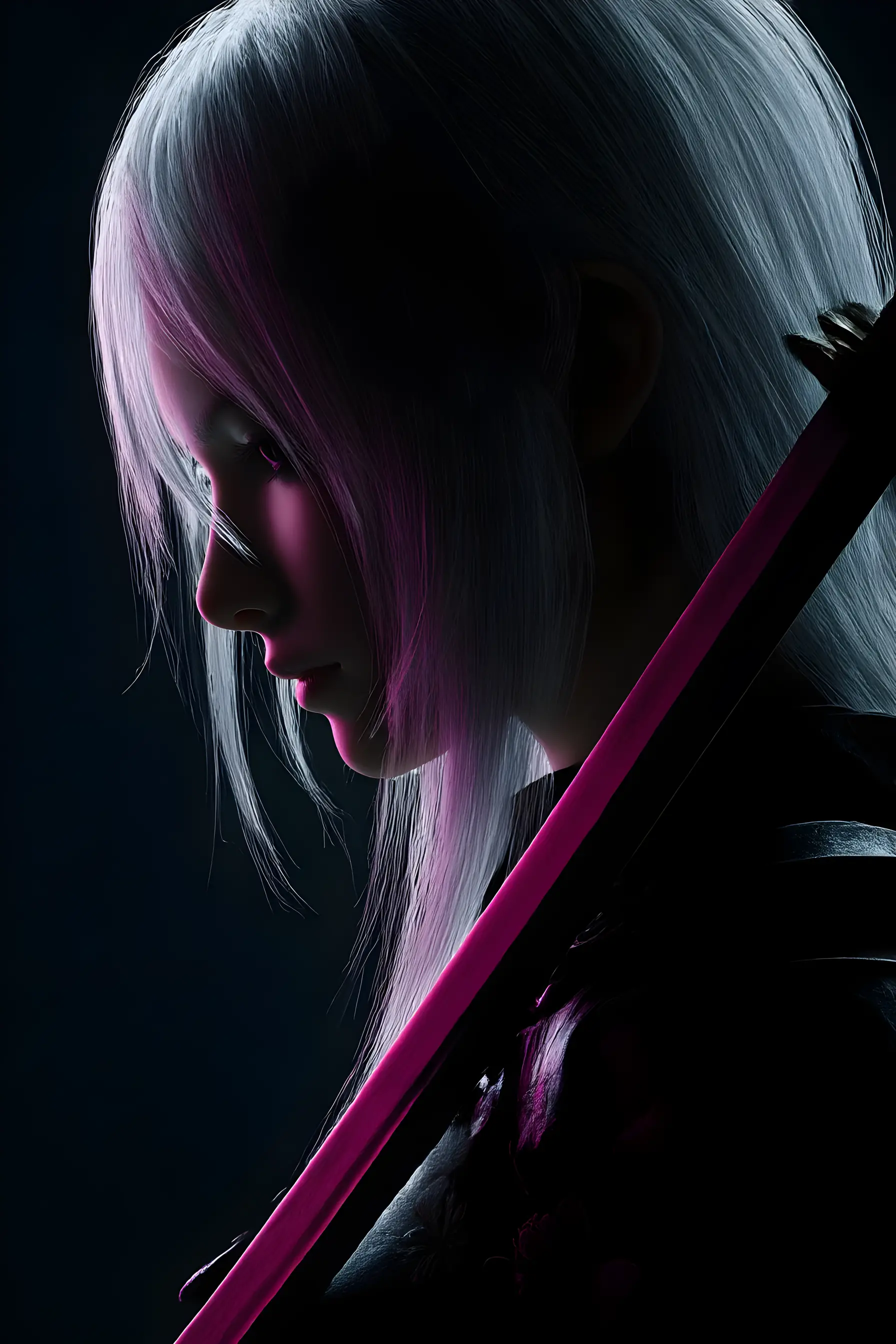 A silver-haired swordswoman in profile amid glowing cherry blossom petals
