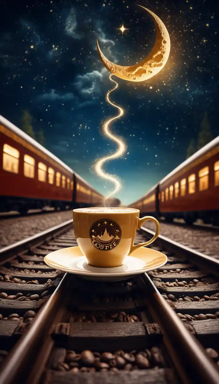 A Starry Coffee Cup Releases Steam That Becomes a Vintage Train