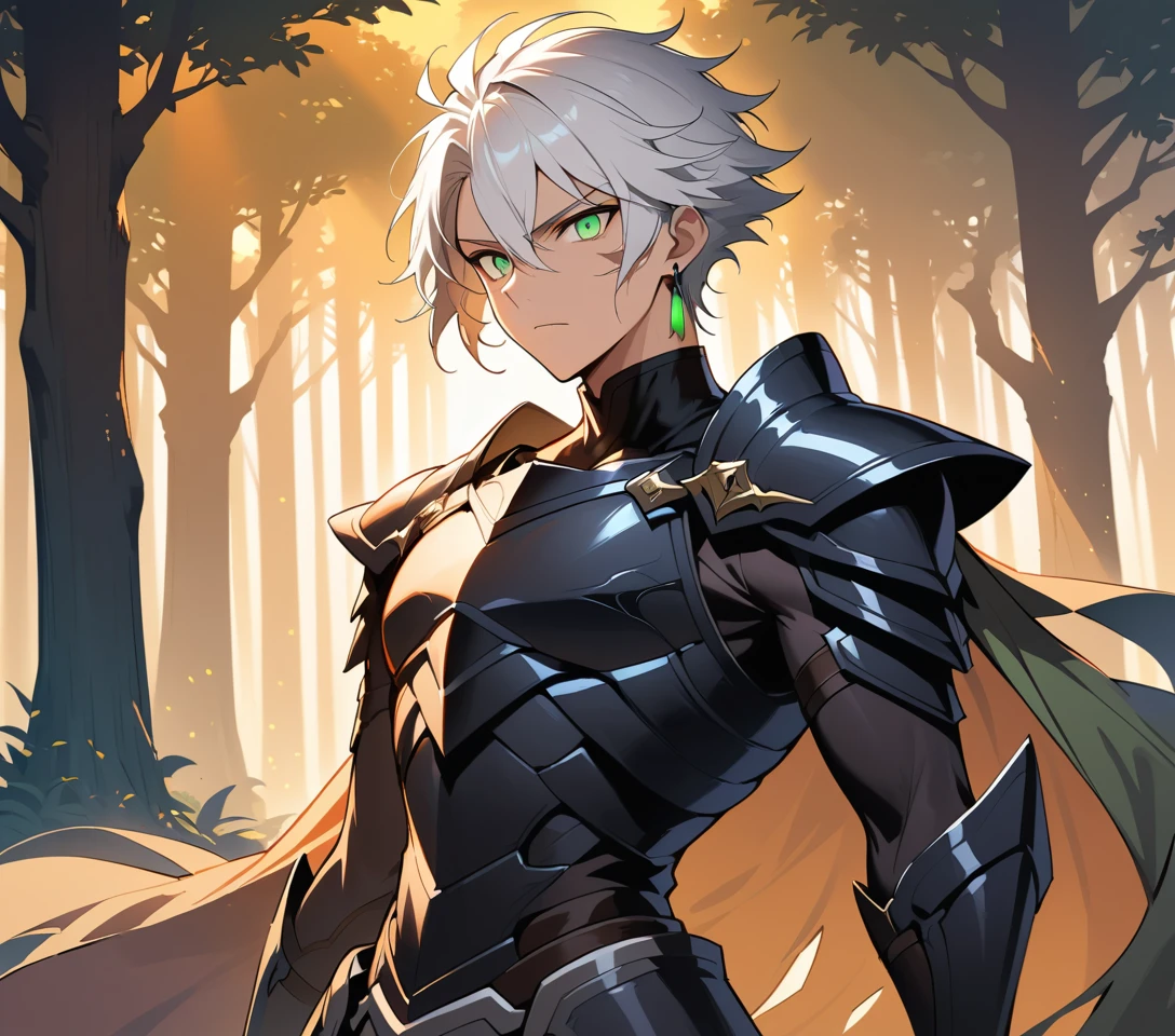 A Silver-Haired Dark Knight Leans Against an Ancient Oak in a Misty Forest