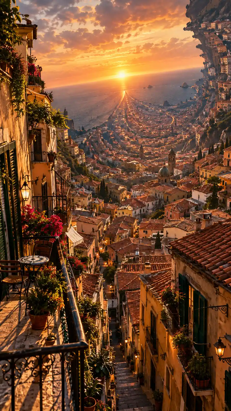 Una città mediterranea si curva verso un punto di fuga luminoso sopra il mare