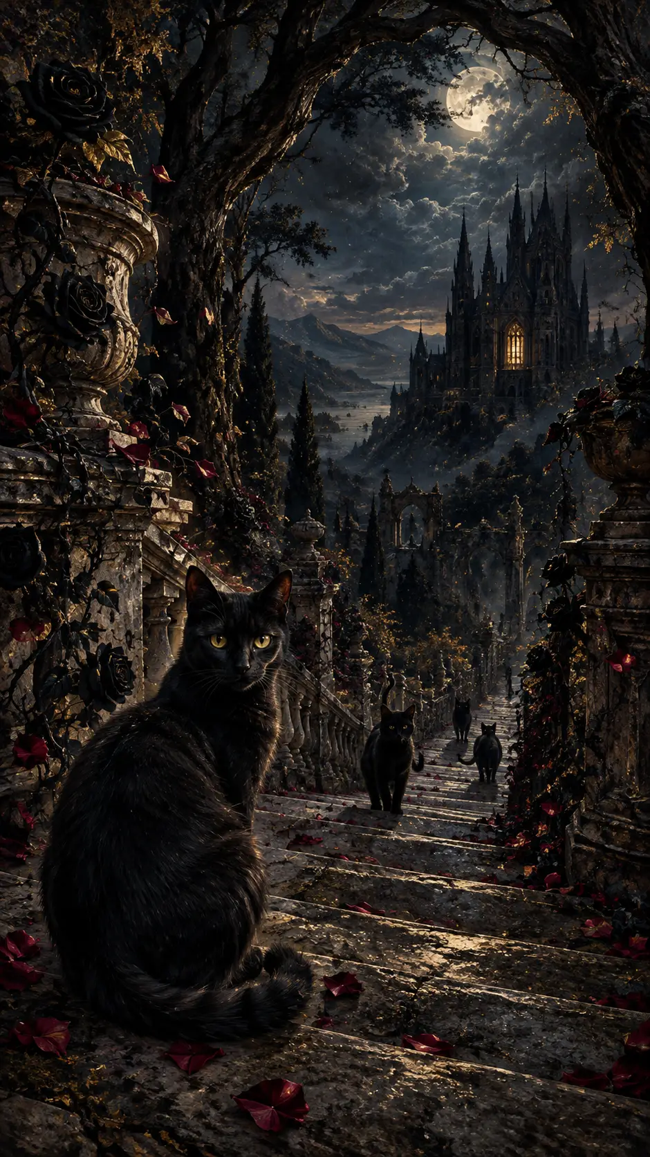 Black cats descend a gothic staircase through a ruined manor garden