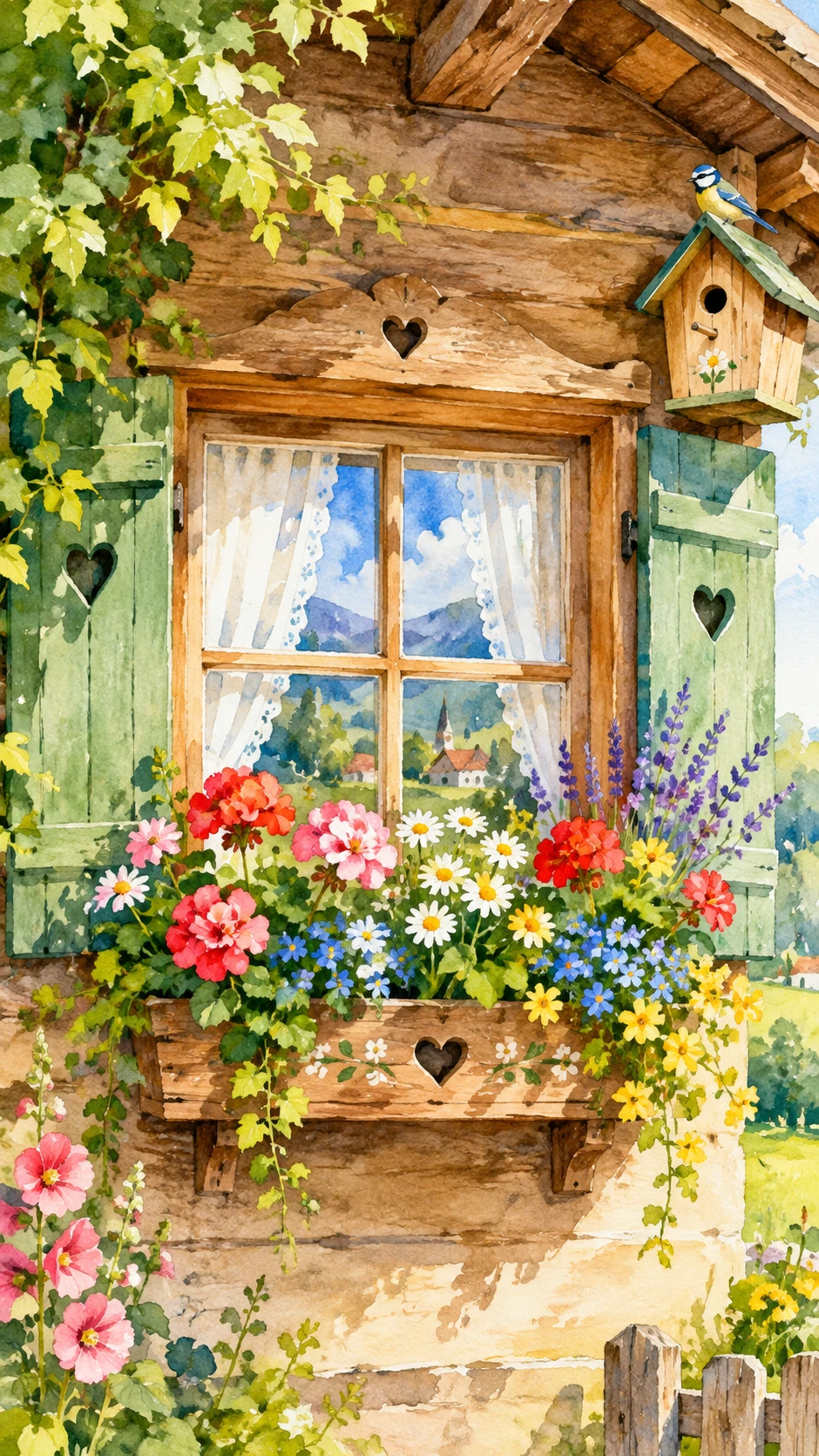 Une fenêtre de maison de campagne fleurie, avec des jardinières en bois et un petit nichoir