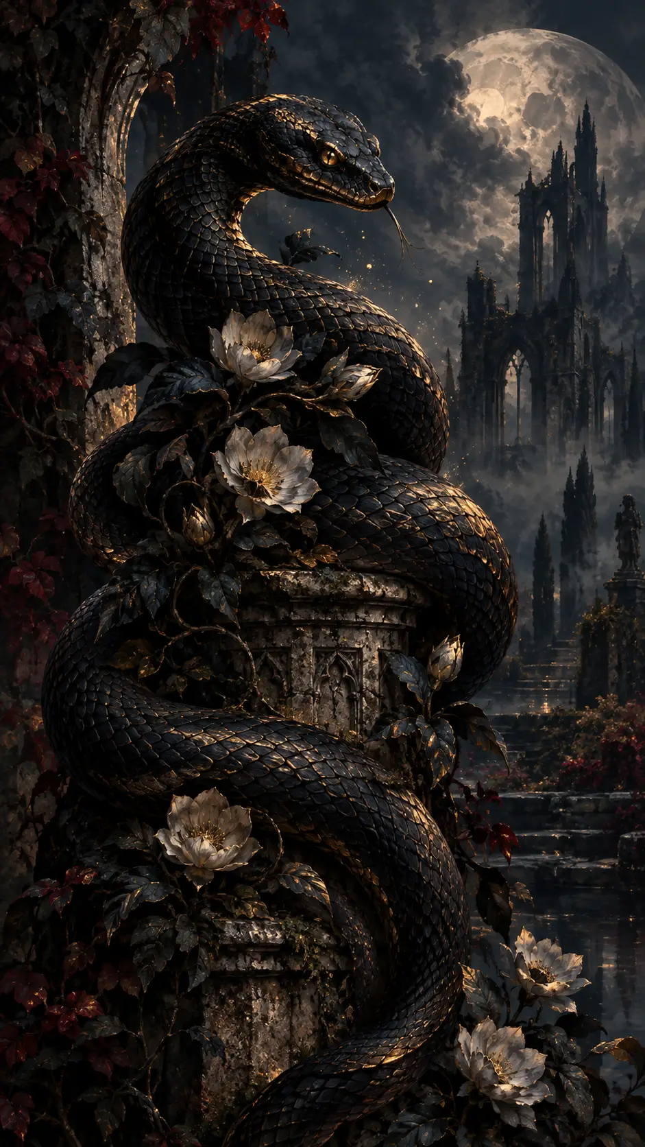 A black serpent coils around a stone pedestal in a gothic garden