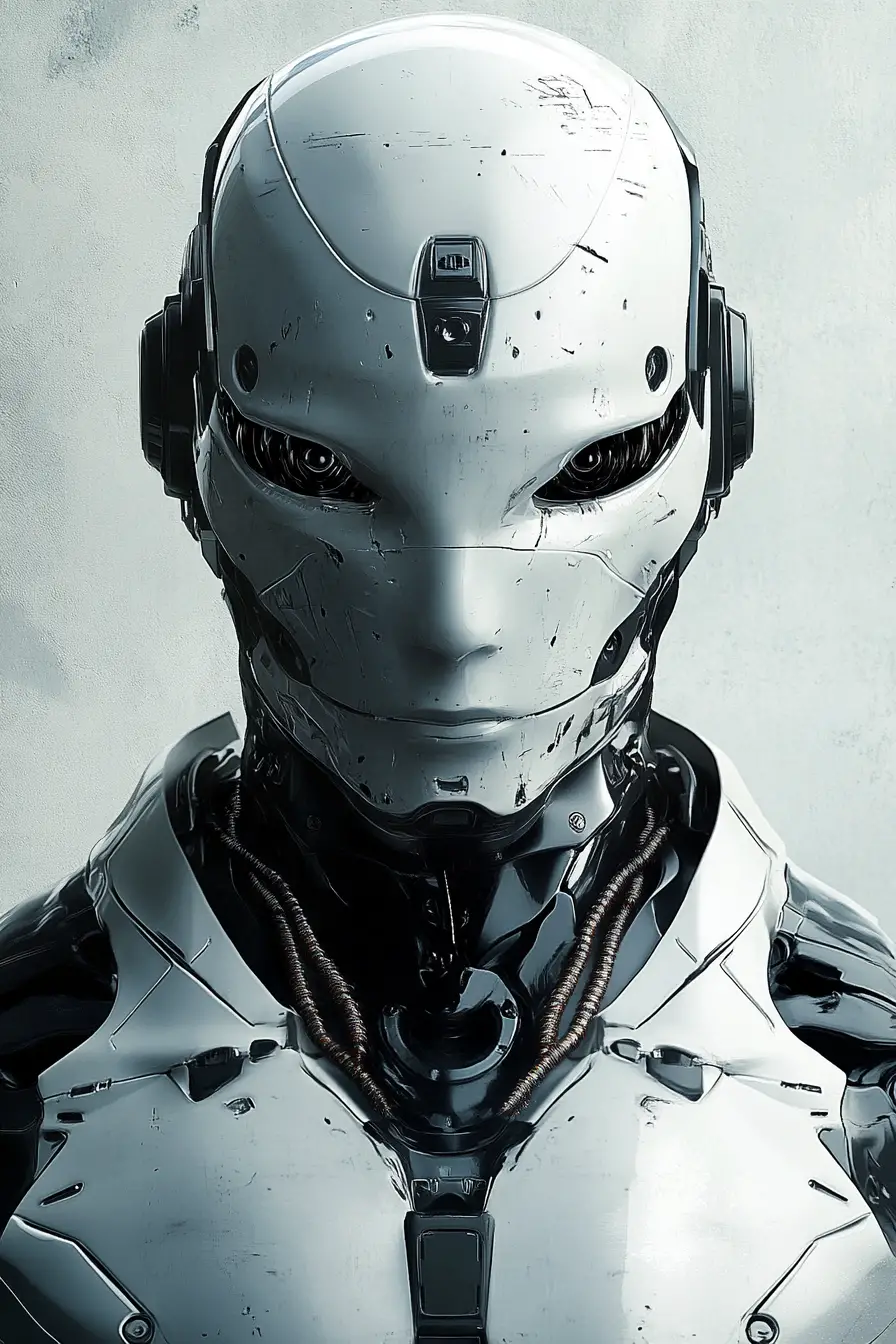 A Calm Robot Portrait With an Intimidating and Peaceful Expression