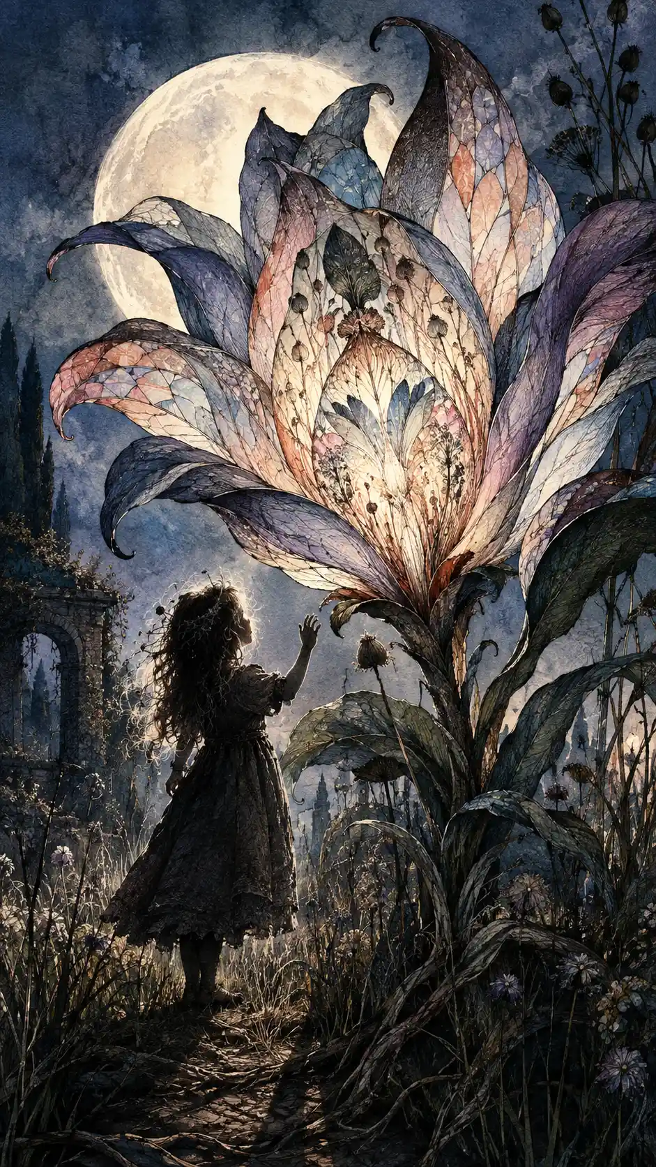 A woodland girl faces an enormous flower in a forgotten garden