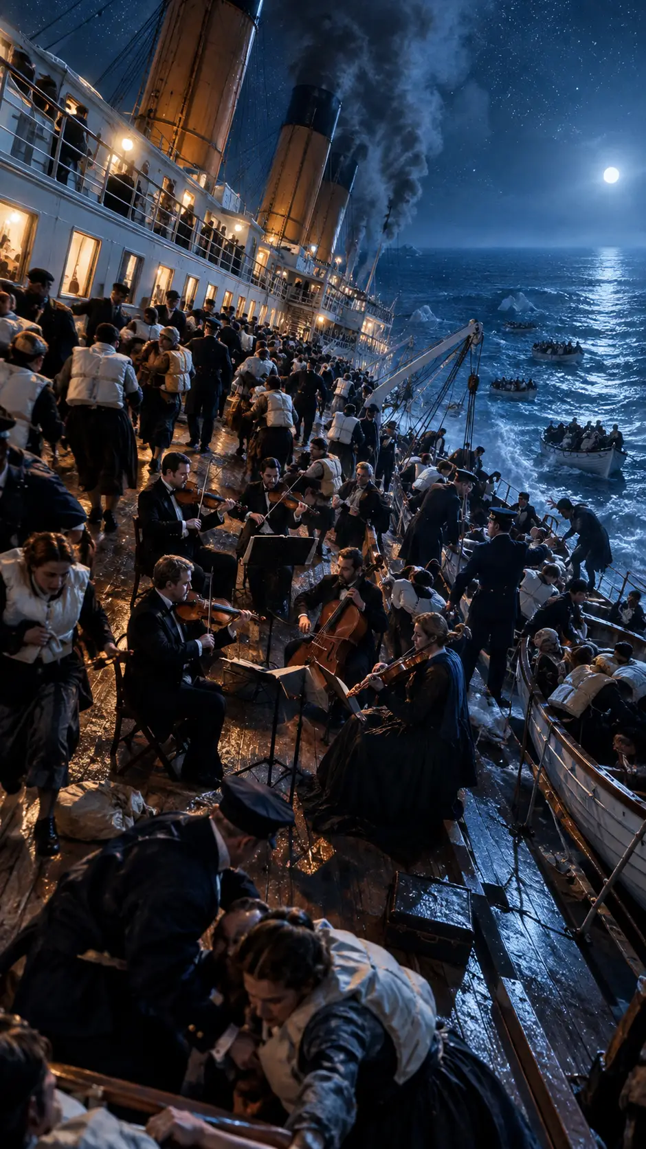 The Titanic's sloping deck during its final moments at sea