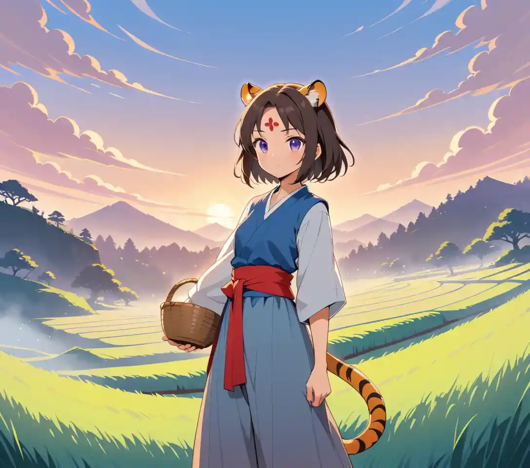 Ragazza anime con orecchie da tigre in una risaia terrazzata avvolta dalla nebbia