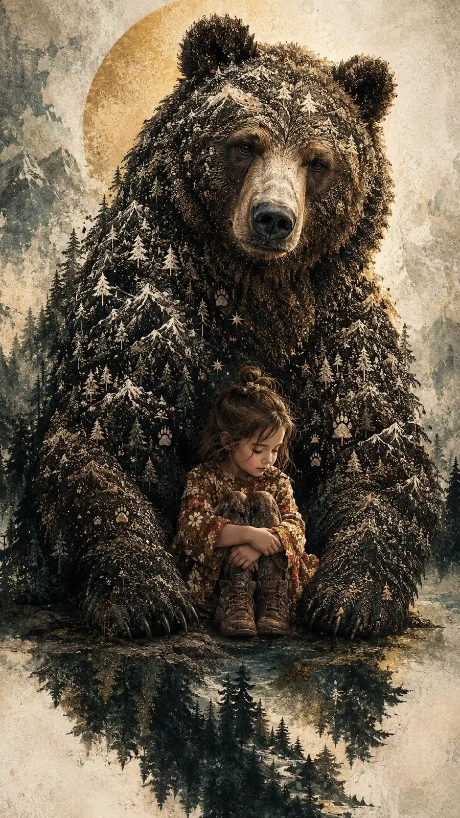 A Giant Symbolic Bear Sits Behind a Small Child