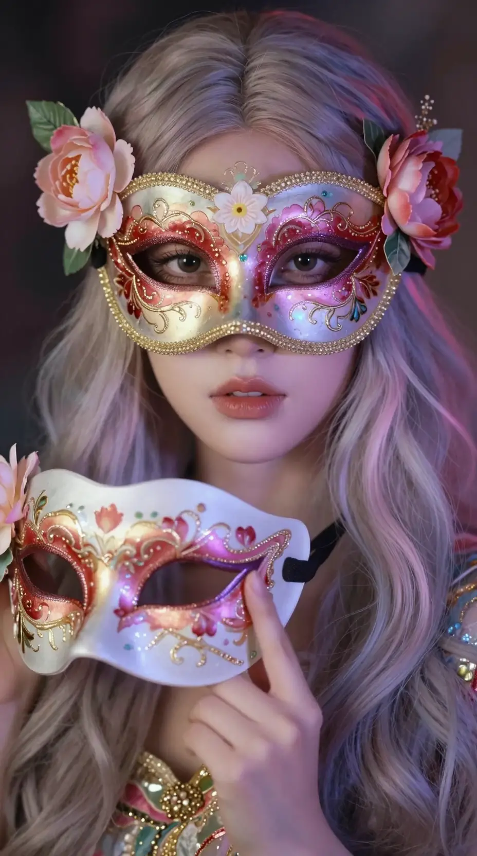 A mysterious figure wears an ornate floral mask in close-up