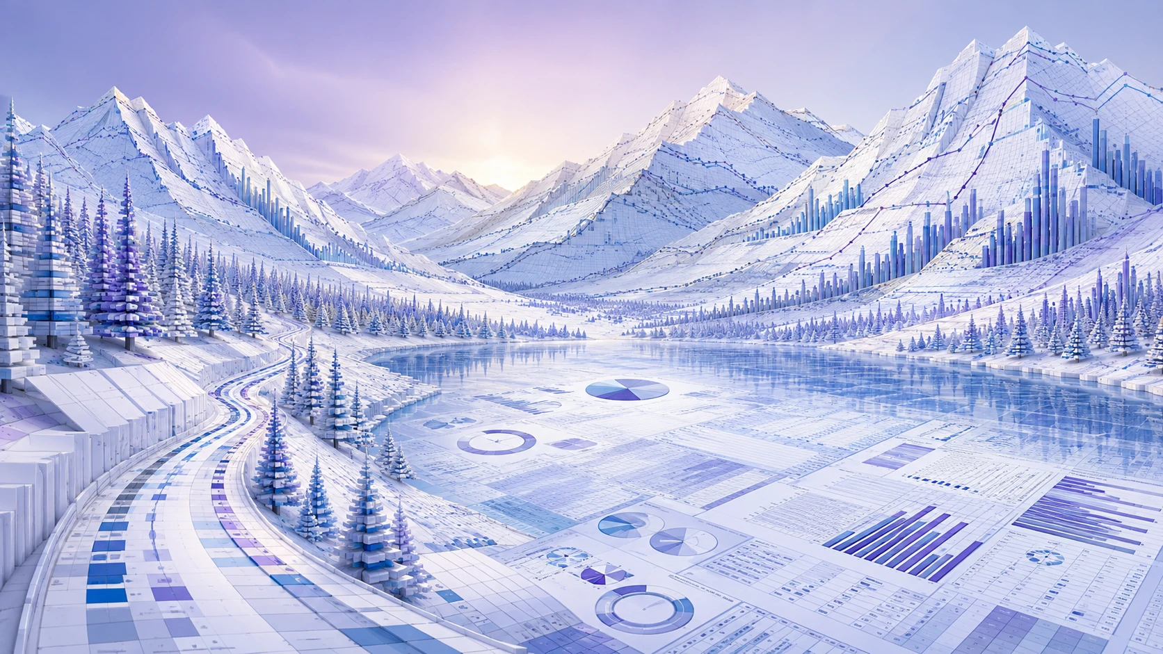 A snowy mountain landscape built from layered spreadsheet data