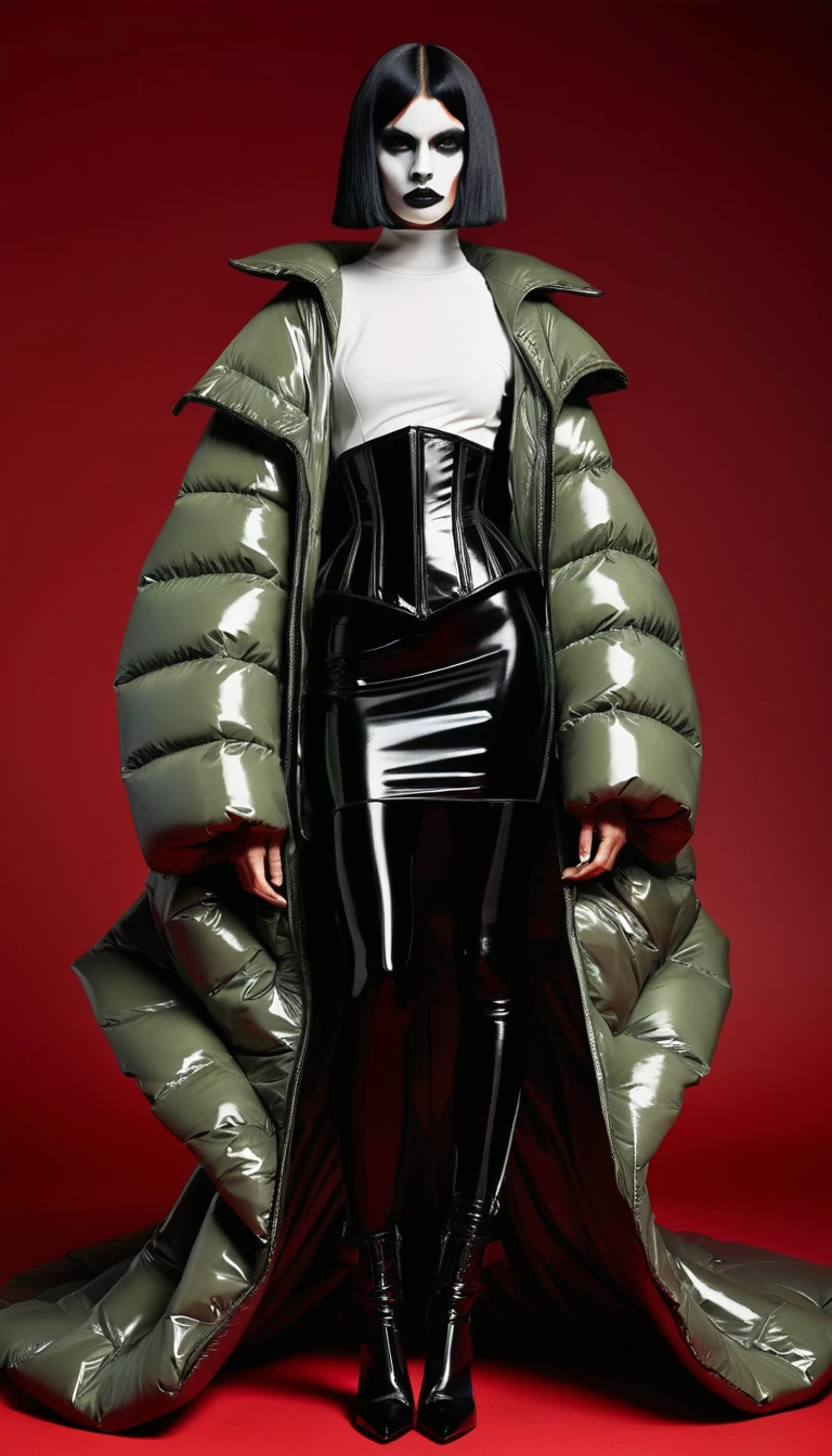 A fashion model in sculptural black and olive avant-garde couture