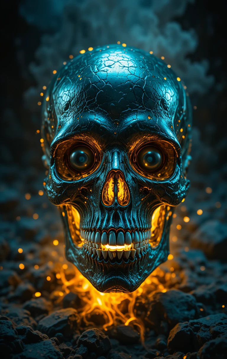 A molten skull with chrome trim, black pearl eyes, and chipped teeth