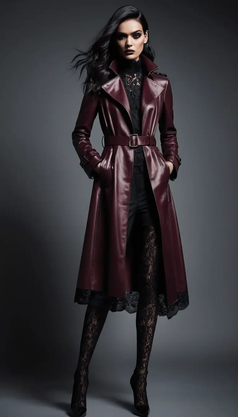 Modelo de moda posa de forma vanguardista com um trench coat cor de vinho