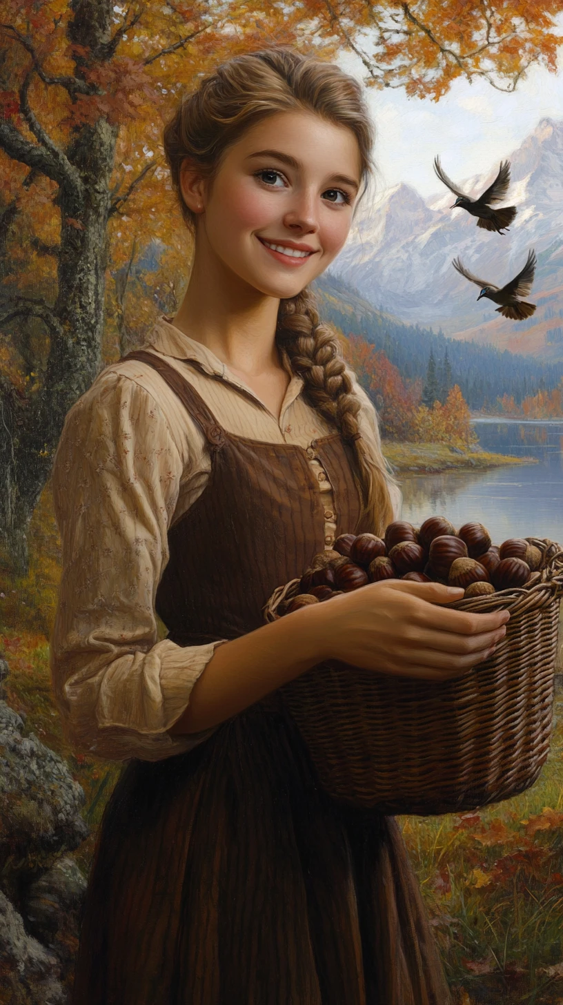 A smiling young woman holds a basket of chestnuts in autumn