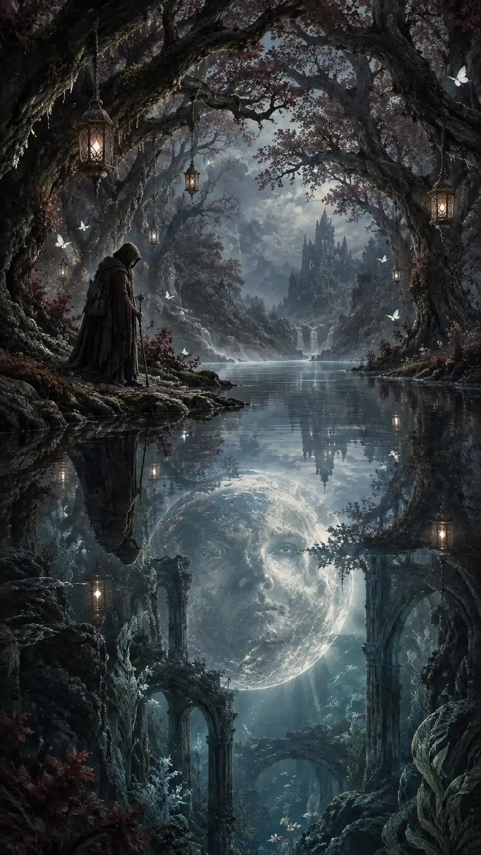 Una luna immensa sotto acque immobili in un paesaggio onirico dark fantasy