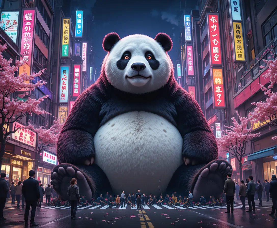 A giant panda sits peacefully on a neon-lit Tokyo street