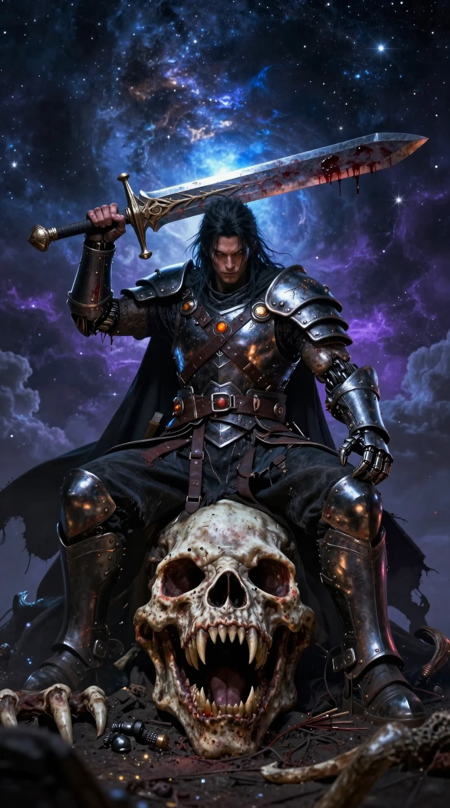 A scarred warrior sits atop a dead demon beast beneath a star-filled cosmos
