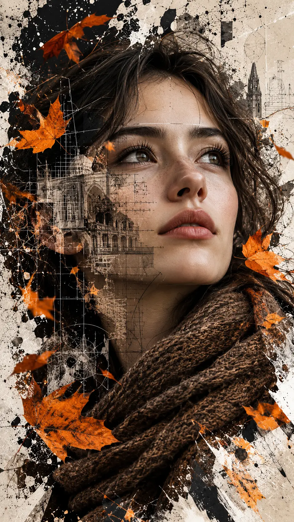 A young woman gazes upward amid architectural collage elements