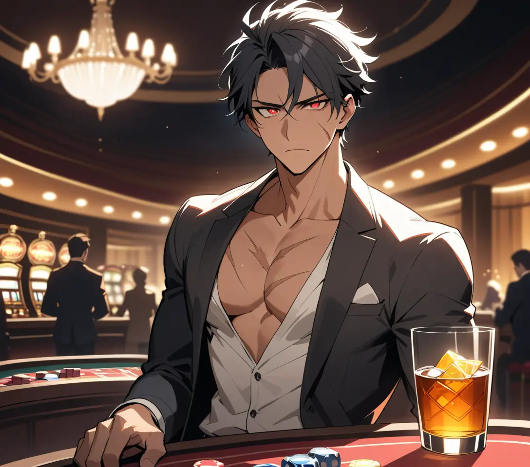 Anime man sits at a VIP poker table in a luxury casino