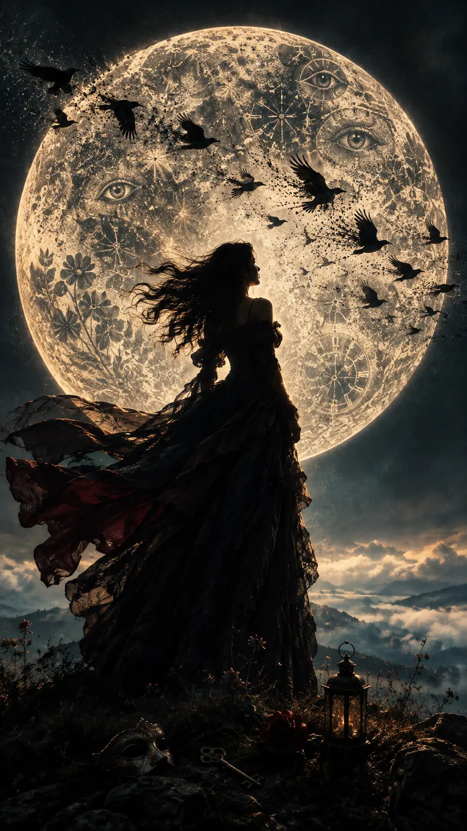 A woman silhouetted against an enormous full moon on a windswept hill