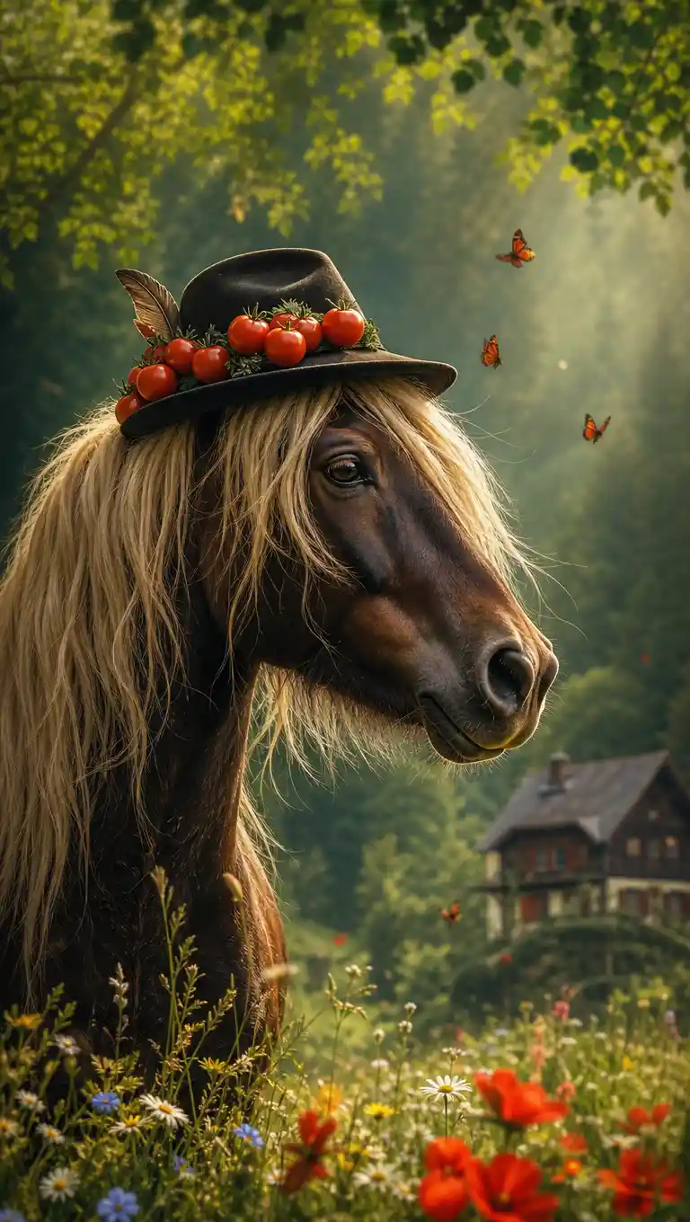 A dark Haflinger wearing a Black Forest hat topped with tomatoes