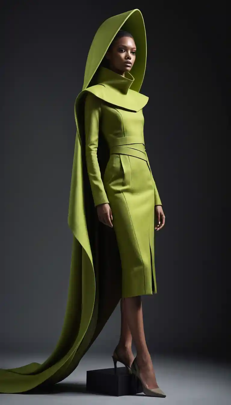A couture model poses in sculptural earth-toned fashion on a pedestal