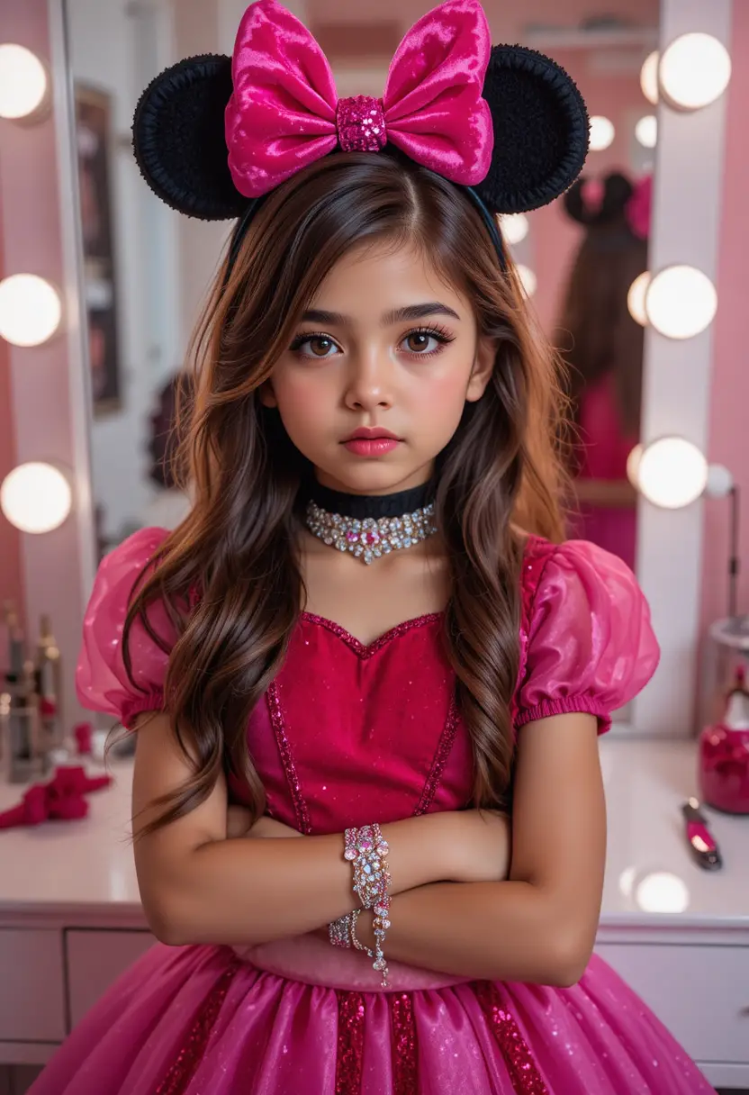 A tween boy pouts in a princess Minnie Mouse costume at a vanity