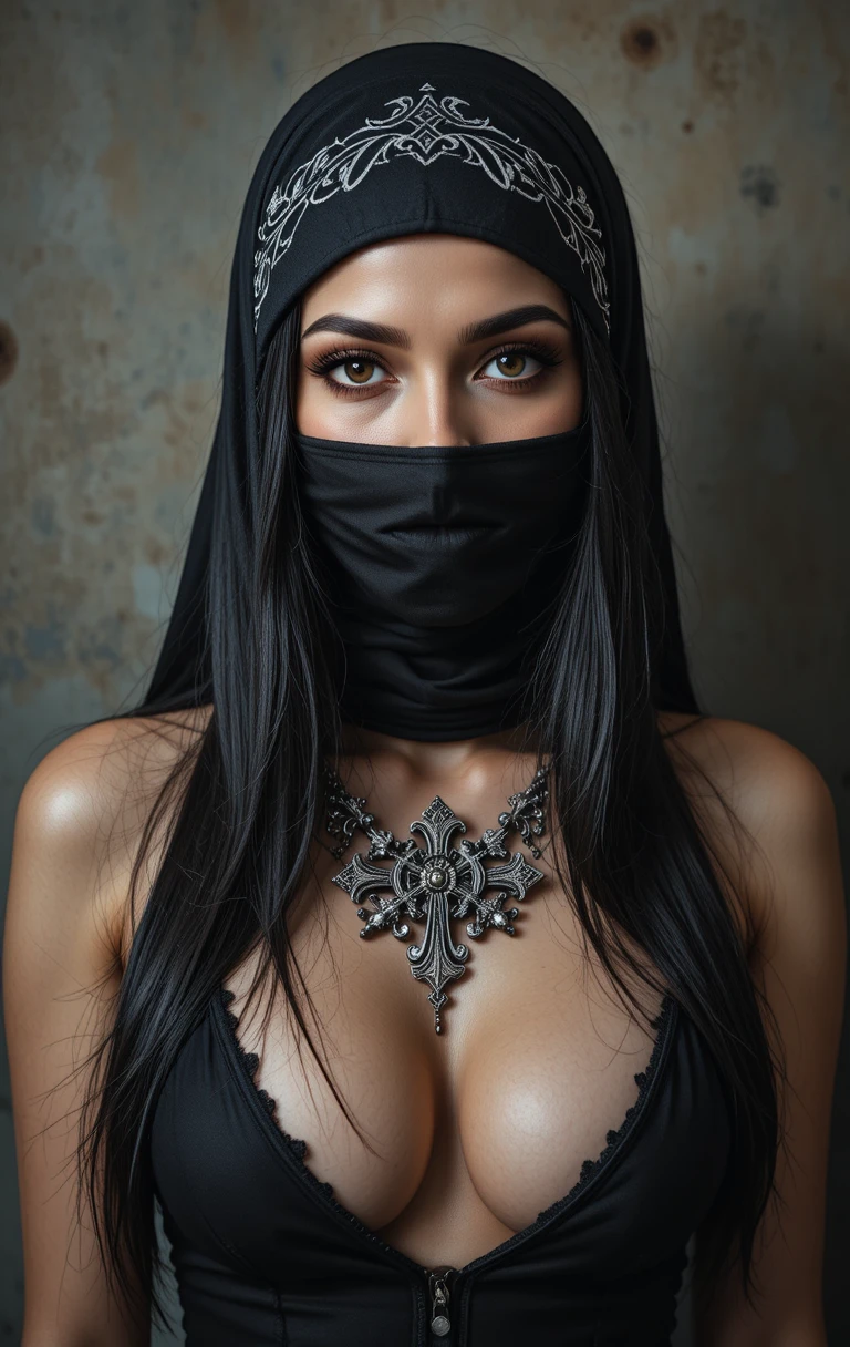 A veiled woman with dramatic eyes and a silver cross necklace