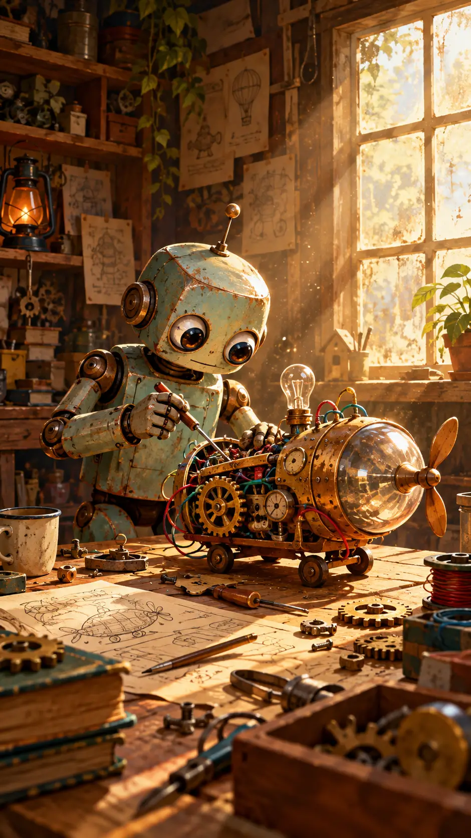 A whimsical robot assembles a contraption in a cluttered workshop