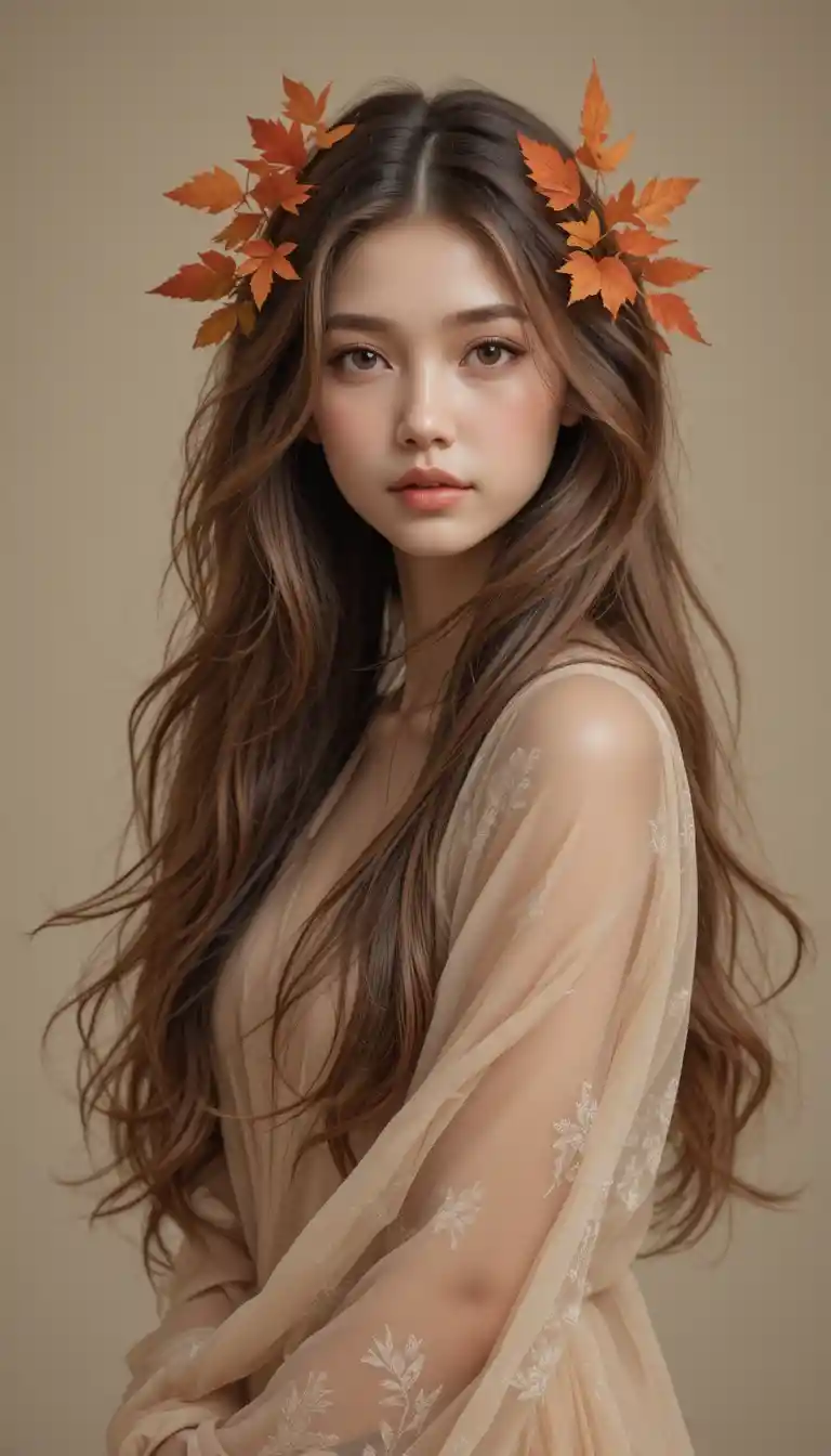 A Young Woman Adorned With Autumn Leaves Against A Soft Neutral Background