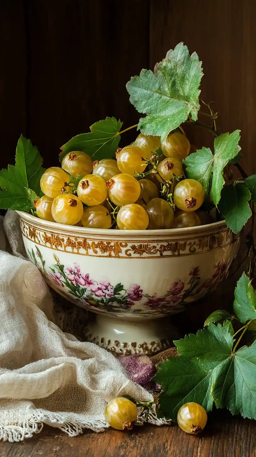 Golden gooseberries rest in a floral bowl on a wooden surface
