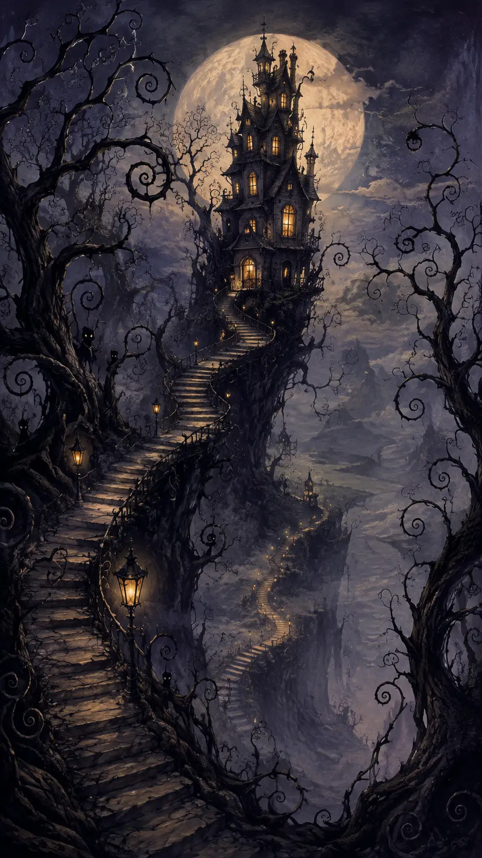 A crooked mansion crowns a misty hill beneath an enormous moon
