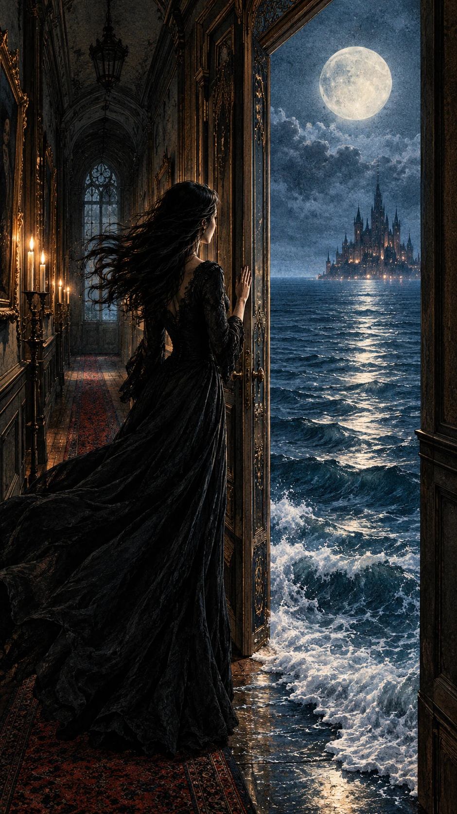 A Woman Faces a Moonlit Ocean Beyond a Victorian Hallway Door