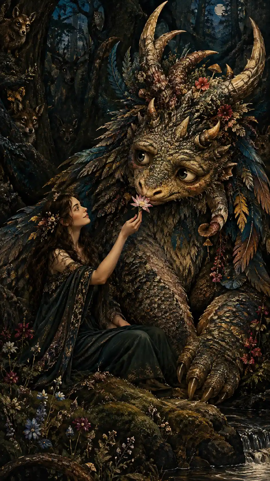 A Woman Offers a Flower to a Guilty Creature in a Forest