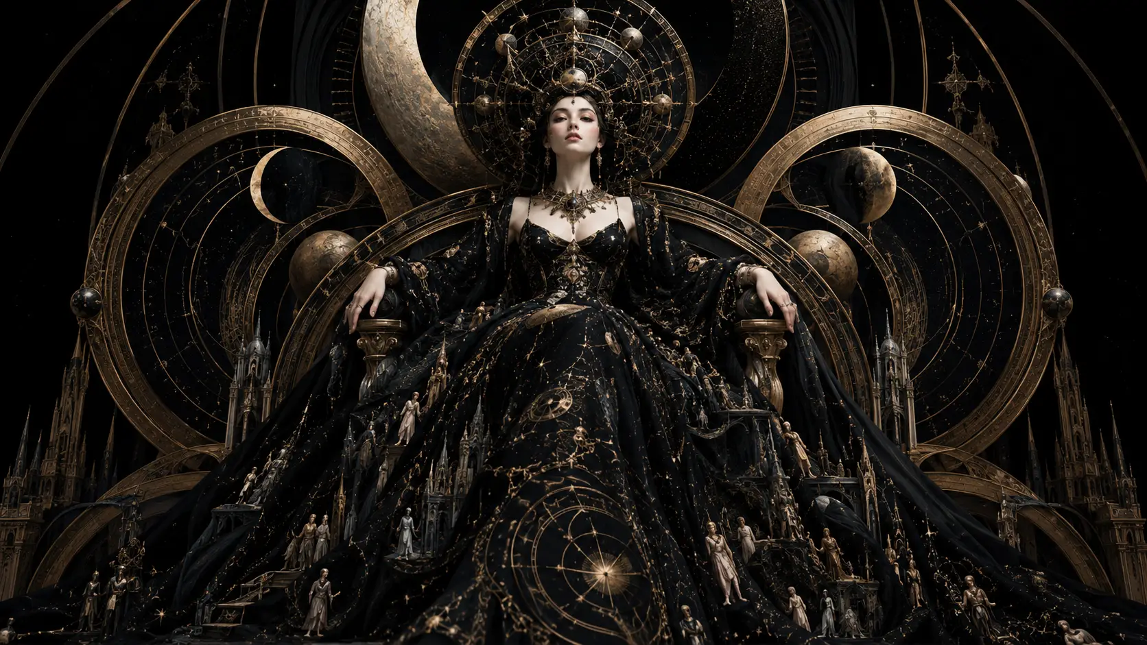 A miniature woman sits on a throne of eclipses and astrolabes