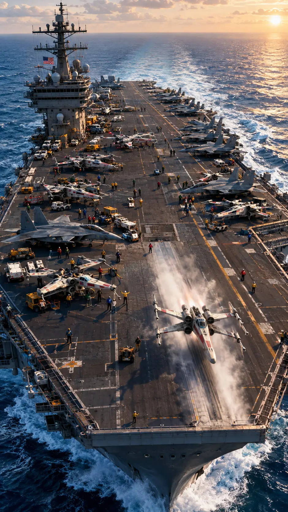 Aerial view of a modern aircraft carrier crossing the deep blue ocean
