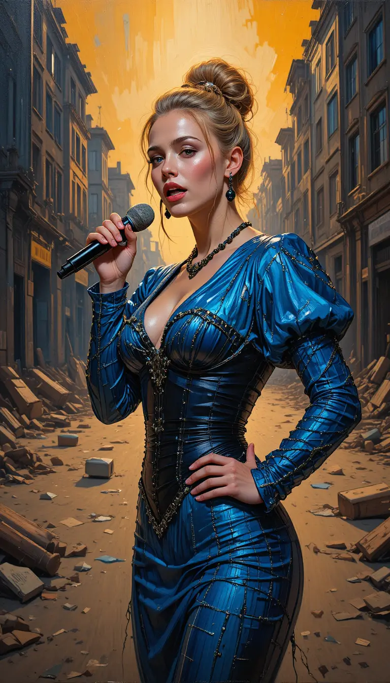 A Woman in a Black Vinyl Corset Stands on a Ruined City Street
