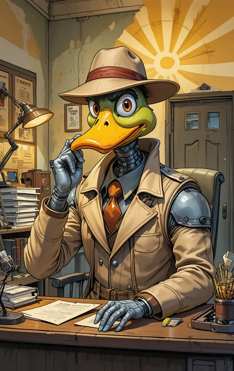 A Chrome Armored Cartoon Duck Stands Against a Chaotic Sci-Fi Backdrop